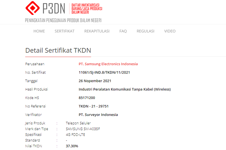 Tangkapan layar laman TKDN Kemenperin yang memuat sertifikasi Samsung SM-A035F yang diduga sebagai kode nomor Galaxy A03.