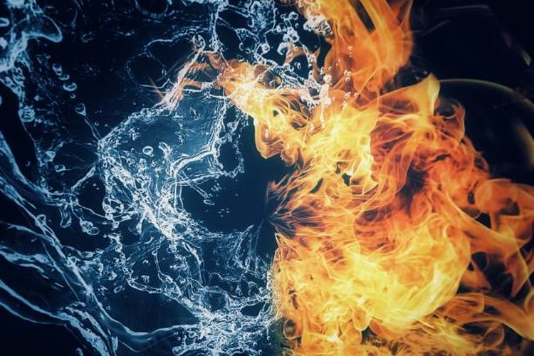 Ilustrasi proses kimia air memadamkan api.