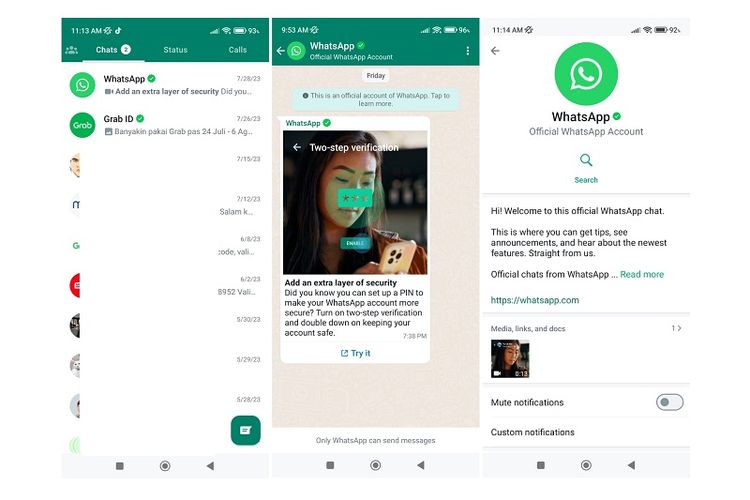 Tampilan akun resmi WhatsApp di aplikasi