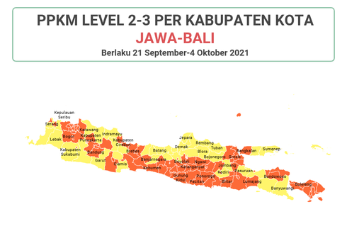 Peta dan Referensi Ketentuan PPKM Level 2-3 Jawa Bali Per Kabupaten Kota, Berlaku 21 September-4 Oktober 2021