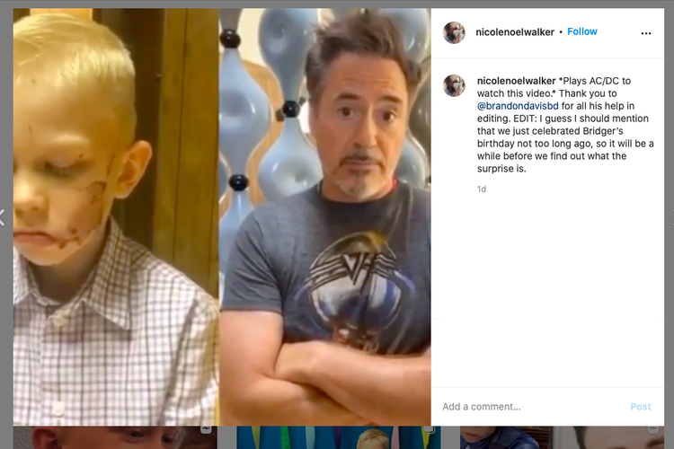 Bridger Walker (kiri) menonton video pemeran Iron Man, Robert Downey Jr, berbicara padanya melalui video. Brigder Walker (6) mendapat 90 jahitan akibat serangan anjing yang mengejar adik perempuannya.