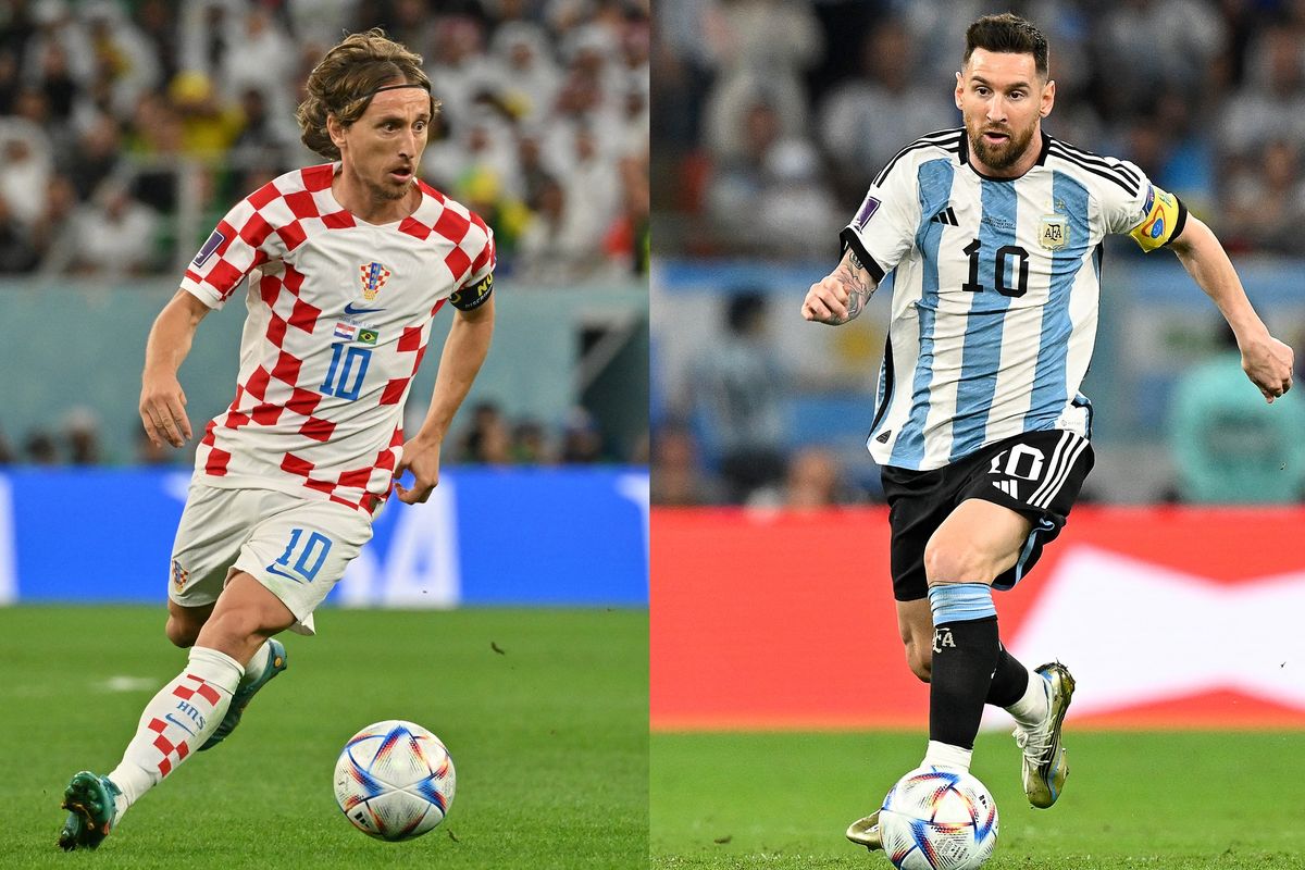 Gelandang Kroasia Luka Modric (kiri) di Doha pada 9 Desember 2022, dan penyerang Argentina Lionel Messi di Qatar pada 3 Desember 2022. Pertandingan semifinal Piala Dunia 2022 Argentina vs Kroasia digelar pada Rabu (14/12/2022) dini hari WIB. 