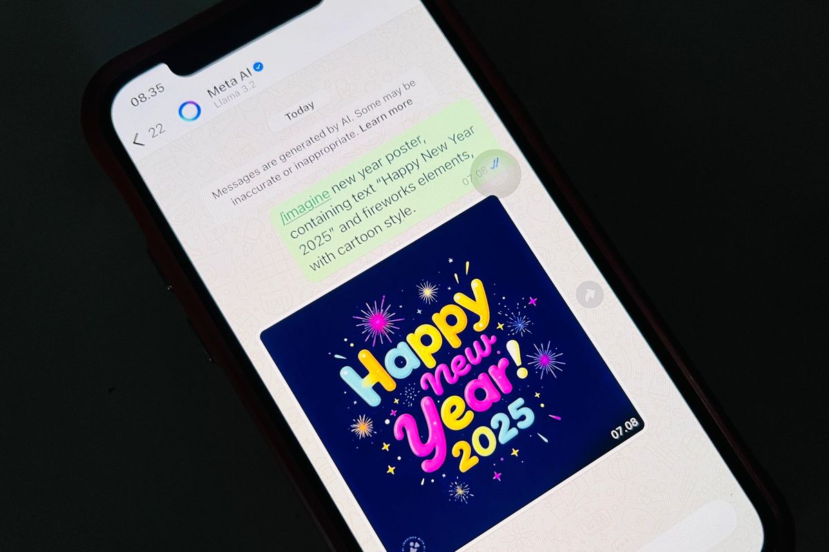 Cara membuat gambar ucapan Tahun Baru 2025 via Meta AI WhatsApp.