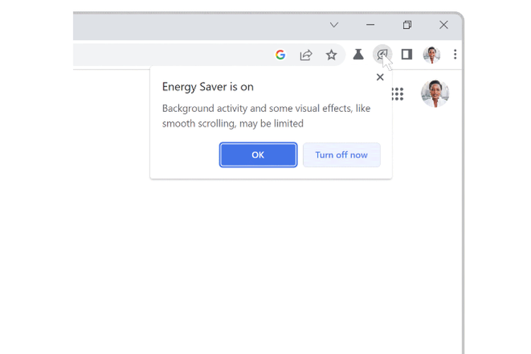 Tampilan fitur Energy Saver di Chrome. Fitur ini dapat membatasi aktivitas latar belakang (activity background), efek visual di situs tertentu yang memiliki animasi ataupun video. Tujuannya untuk menghemat baterai perangkat