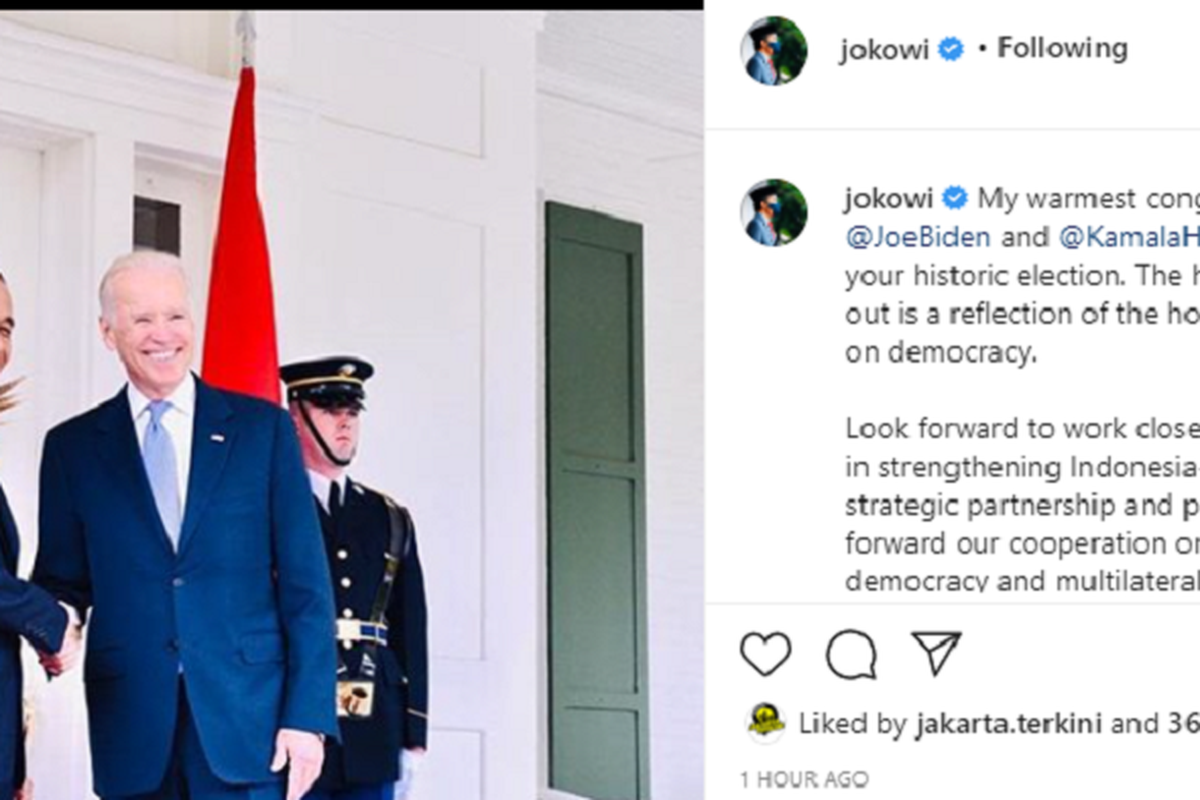 A screenshot of President Joko Widodos Instagram post congratulating US President-elect Joe Biden and Vice-President elect Kamala Harris following their victory in the 2020 US Presidential race