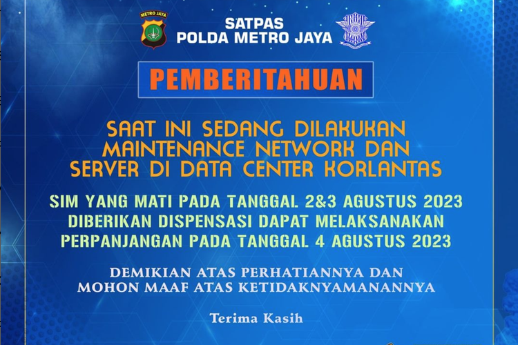 Satuan Penyelenggara Administrasi (Satpas) Polda Metro Jaya, menghentikan sementara pelayanan perpanjangan Surat Izin Mengemudi (SIM).
