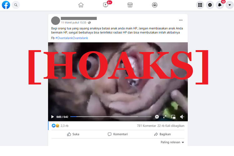 Tangkapan layar unggahan hoaks di sebuah akun Facebook, tentang video seorang anak mengalami kelainan mata yang diklaim akibat radiasi HP.