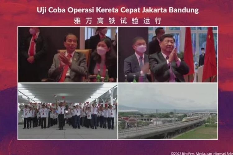 Tangkapan layar YouTube, Presiden Joko Widodo dan Presiden China Xi Jinping menyaksikan uji dinamis Kereta Cepat Jakarta-Bandung (KCJB) secara virtual dalam rangkaian Konferensi Tingkat Tinggi (KTT) G20 di Bali, Rabu (16/11/2022).
