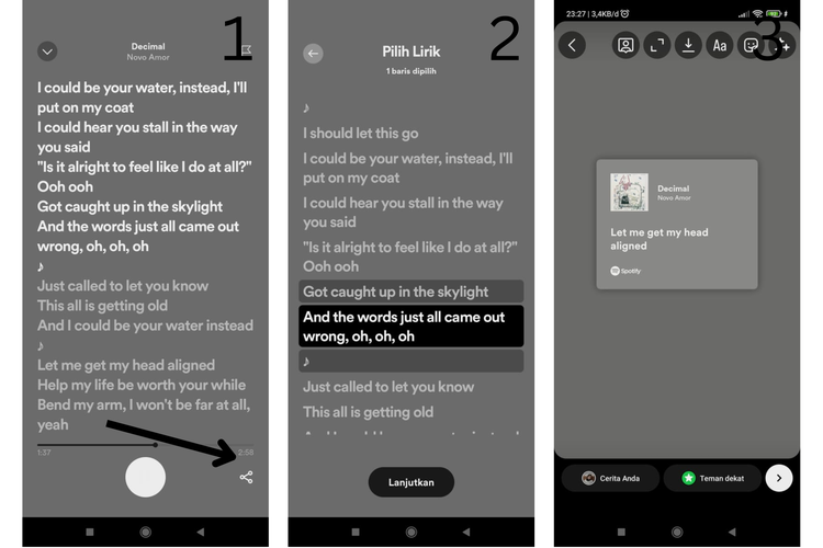 Ilustrasi cara membagikan lirik lagu di Spotify