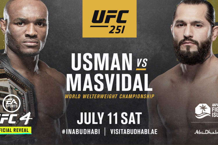 Poster pertarungan antara Kamaru Usman dan Jorge Masvidal di UFC 251. Duel perebutan gelar juara kelas welter UFC itu akan dilakukan di Yas Island, Abu Dhabi, Uni Emirat Arab, pada Sabtu (11/7/2020) (TWITTER.COM/UFC)