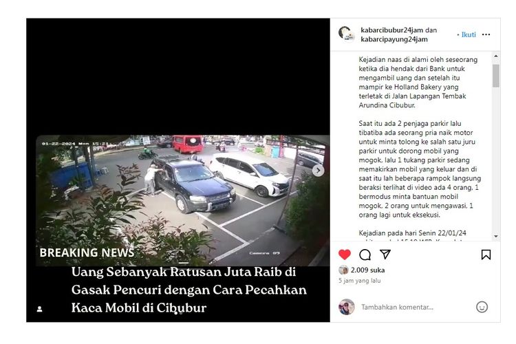 Kejahatan maling mobil dengan memecahkan kaca masih cukup sering terjadi. Salah satunya terjadi di Cibubur, Jakarta Timur, di mana maling berhasil menggasak uang ratusan juta rupiah.