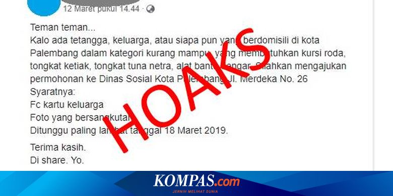 Hoaks Permohonan Alat Bantu Medis Oleh Dinas Sosial Palembang