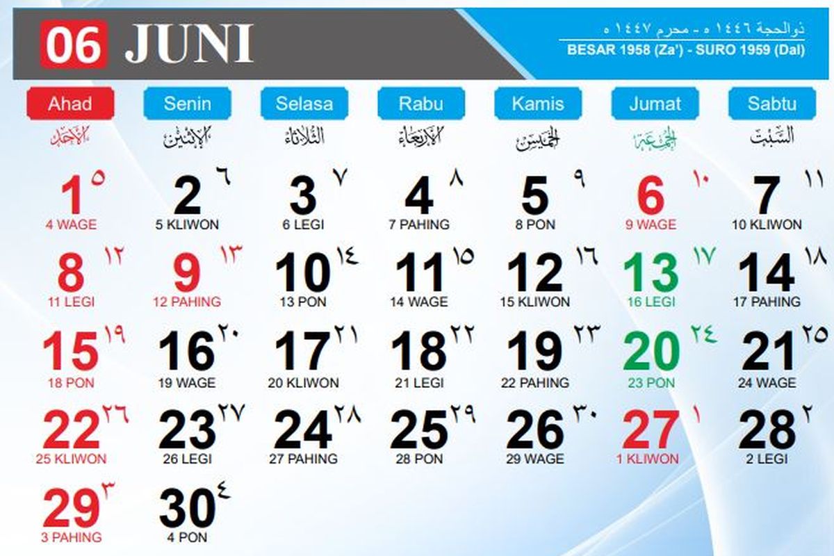 Kalender bulan Juni 2025. Simak kalender Jawa hari ini lengkap dengan weton dan penanggalan Hijriah.