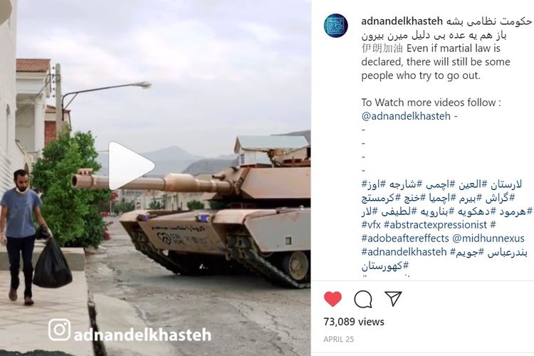 Video yang viral memperlihatkan seorang pria membuang sampah dan ditodong tank di luar rumahnya di Iran saat wabah virus corona.