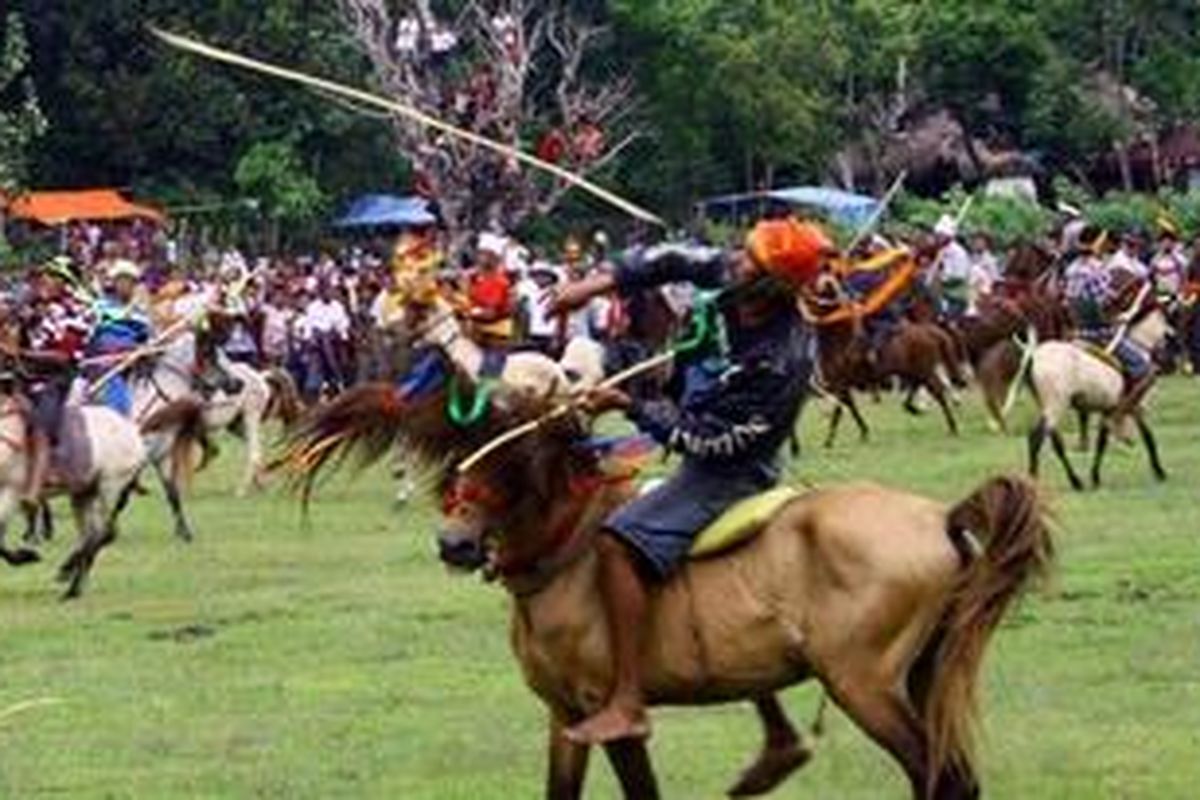 Salah seorang peserta melempar lembing pada acara Pasola di Laegalang, Kecamatan Wanokaka, Sumba Barat, Nusa Tenggara Timur, Rabu (14/3/2012).
