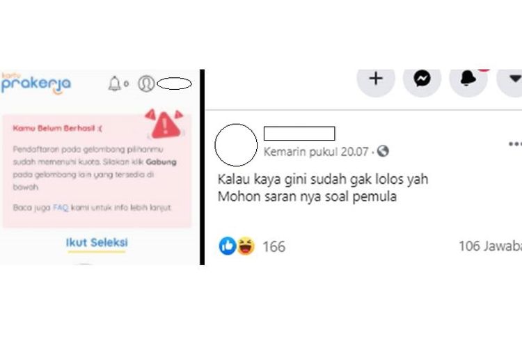 Tangkapan layar pesan di dashboard Kartu Prakerja yang berbunyi Kamu Belum Berhasil.