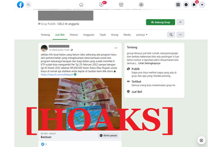 Tangkapan layar unggahan hoaks di sebuah akun Facebook, mengenai link bantuan sosial dan PKH 2022.