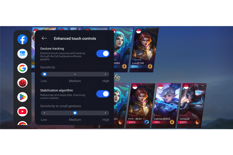 Pengaturan sensitivitas dan akurasi sentuhan di Wildboost Optimization pada Poco F8 Pro saat bermain Mobile Legends.