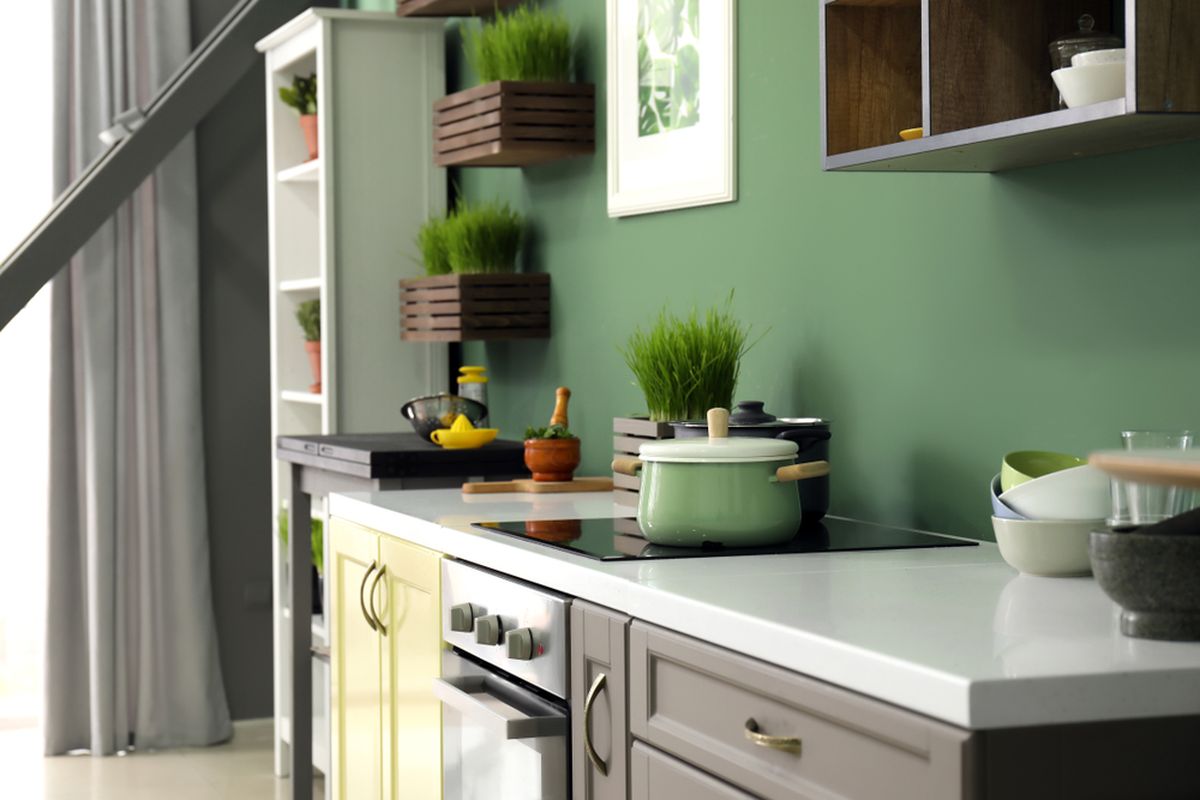 Ilustrasi dinding dapur warna hijau. 
