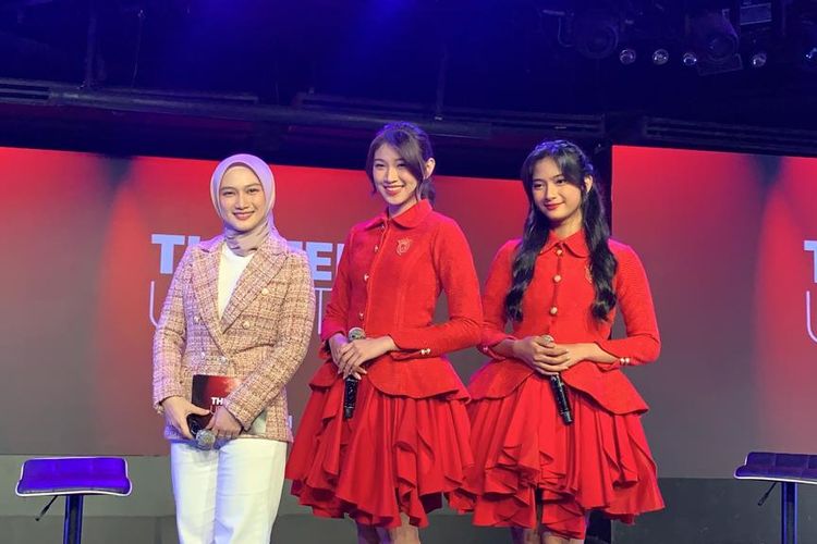(Dari kiri ke kanan) Melody, Shani dan Jinan JKT48 saat ditemui di kawasan Sudirman, Jakarta Selatan, Kamis (2/6/2022).