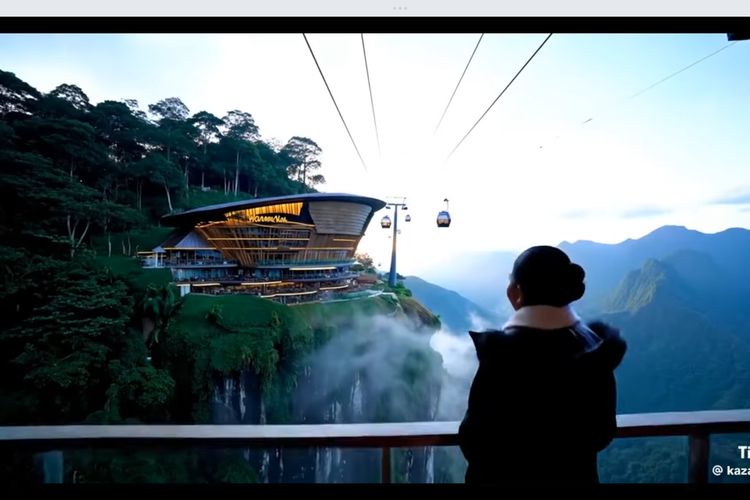 Tangkapan layar dari video hasil akal imitasi (AI) yang menunjukkan wahana wisata kereta gantung dengan lanskap indah di Perak, Malaysia.