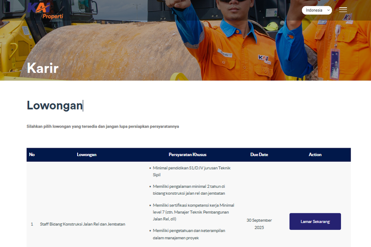 Tangkapan layar laman KAI Properti, lowongan kerja KAI Properti 2025. Loker KAI Properti 2025.