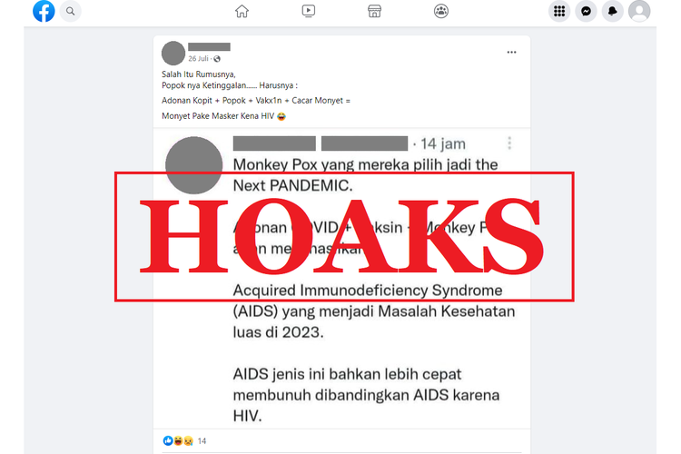 Tangkapan layar unggahan dengan narasi hoaks di sebuah akun Facebook, yang menyebut bahwa gabungan Covid-19, vaksin, dan cacar monyet akan menghasilkan AIDS jenis baru.