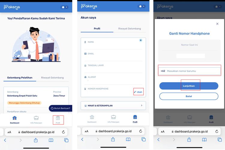 Ilustrasi cara mengganti nomor HP di akun Prakerja