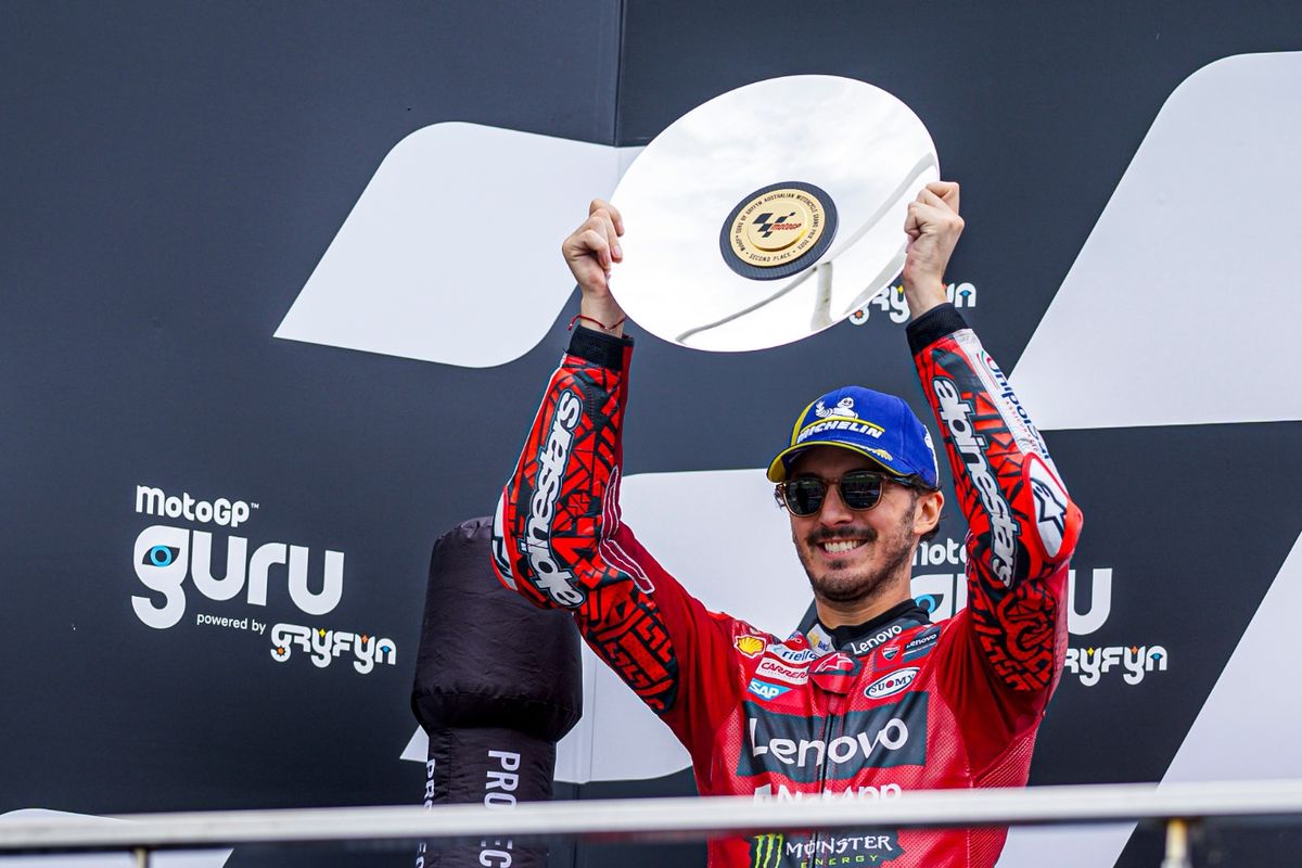Pebalap Ducati, Francesco Bagnaia, finis di podium kedua pada MotoGP Australia 2023 di Sirkuit Phillip Island, Sabtu (21/10/2023). 