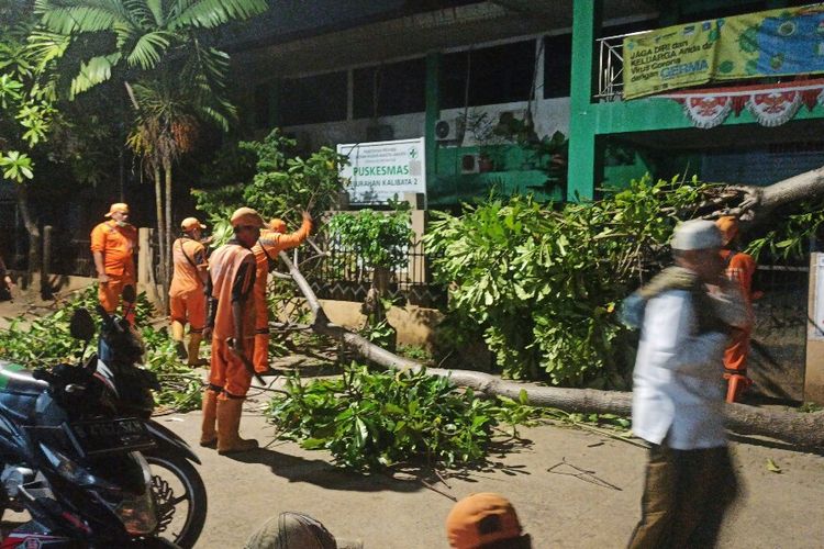 Angin kencang melanda wilayah Ibu Kota menyebabkan pohon tumbang di depan Puskesmas Kelurahan Kalibata 2 Jalan Samali Ujung RT 08 RW 09, Pancoran, Jakarta Selatan, Selasa (23/11/2021).