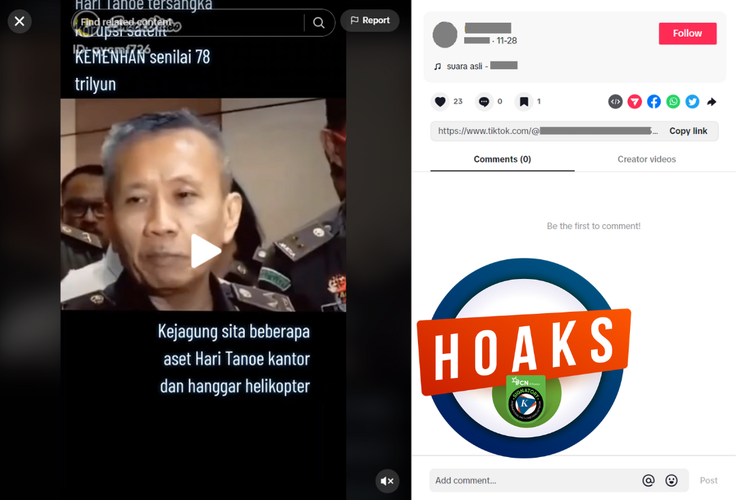 Tangkapan layar konten hoaks di sebuah akun TikTok, 28 November 2023, soal aset HT disita oleh Kejagung atas dugaan kasus korupsi Kemenhan.