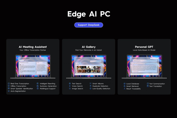 Tecno Megabook S16 dibekali dengan fitur AI yang langsung terpasang di perangkap laptop. Fitur ini terdiri dari AI Gallery, AI Meeting Assistant, Personal GPT, Ella AI Assistant, AI PPT, dan AI Drawing.