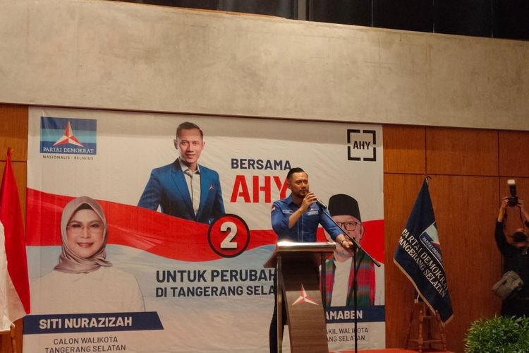 Ketua Umum Partai Demokrat Agus Harimurti Yudhoyono saat memberikan sambutan dalam rapat konsolidasi Pilkada Tangerang Selatan 2020, Rabu (18/11/2020)