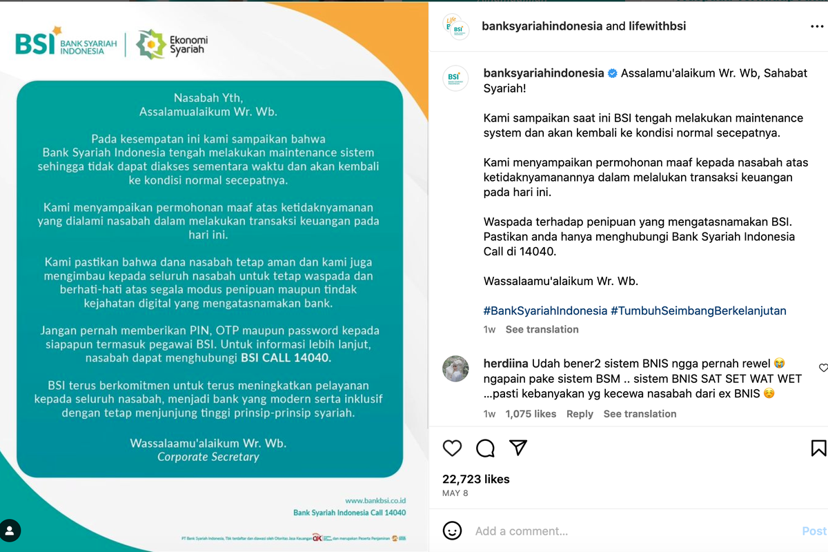 Tangkapan layar pengumuman yang menyebut gangguan layanan BSI disebabkan karena terdapat proses pemeliharaaan sistem.