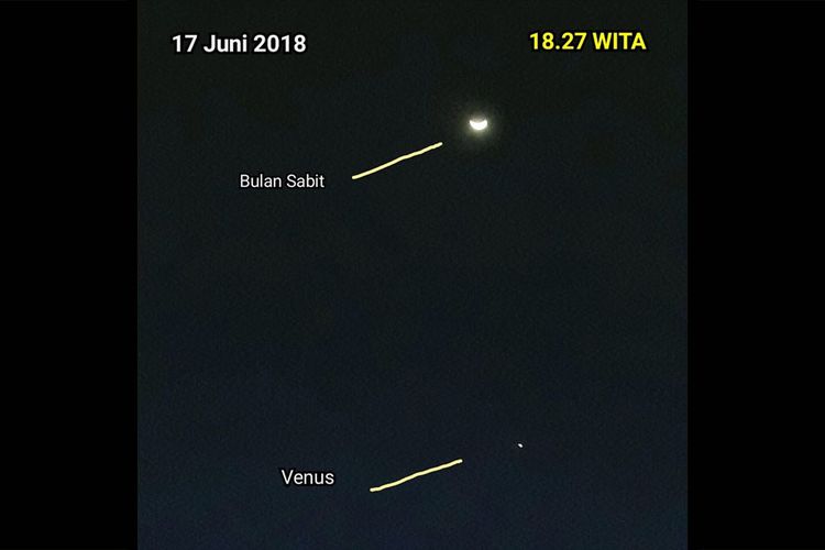 Penampakan bulan sabit dan planet Venus di langit sebelah Barat. Bulan Juni ini kondisi langit cerah dan dapat menyaksikan benda langit dengan mata telanjang