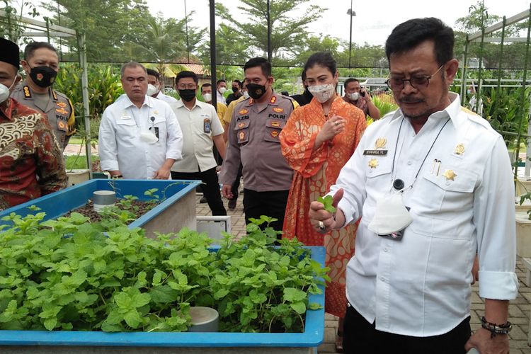 Menteri Pertanian Syahrul Yasin Limpo (kanan), saat melakukan kunjungan ke Kabupaten Gresik, Jawa Timur, Selasa (10/5/2022).