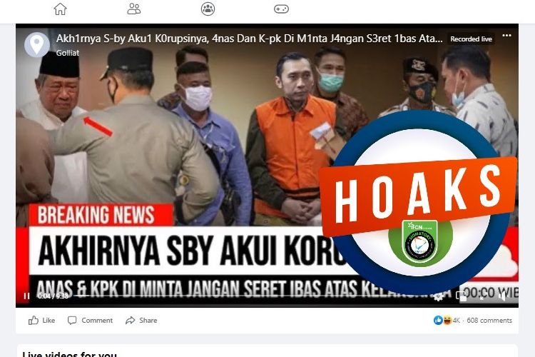 Tangkapan layar Facebook narasi yang menyebut bahwa SBY mengaku telah melakukan korupsi dan meminta Anas Urbaningrum tidak menyeret nama Ibas