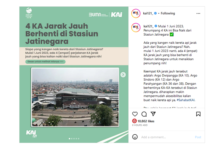 Tangkapan layar unggahan KAI mengenai 4 KA Jarak Jauh yang Berhenti di Stasiun Jatinegara mulai 1 Juni 2023