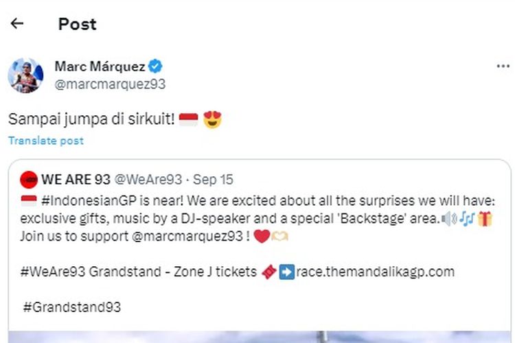 Pakai bahasa Indonesia, Marc Marquez menjawab akun Twitter klub penggemarnya di Twitter