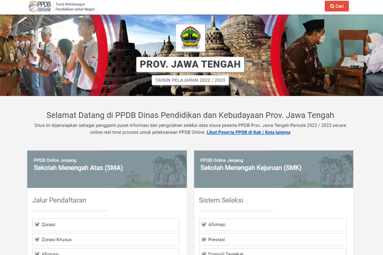 Tangkapan layar halaman depan dari laman ppdb.jatengprov.go.id.