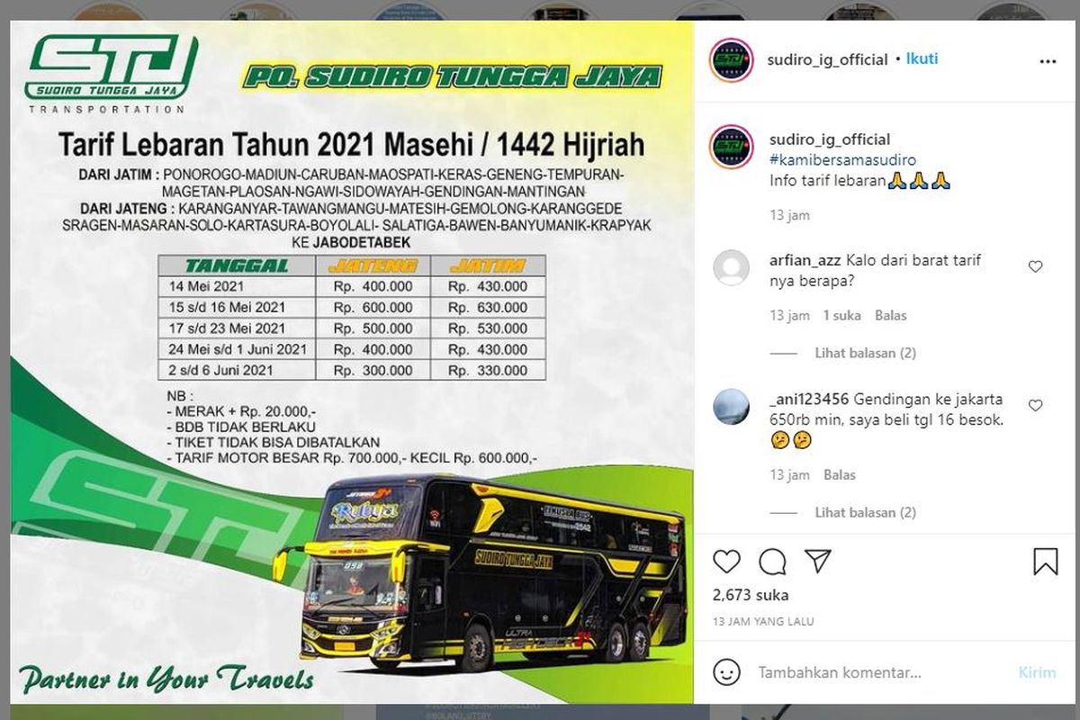 Tarif Lebaran Sudiro Tungga Jaya  