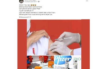 Tangkapan layar unggahan hoaks yang menyebut Presiden Joko Widodo (Jokowi) membohongi rakyat karena disuntik vaksin Pfizer.