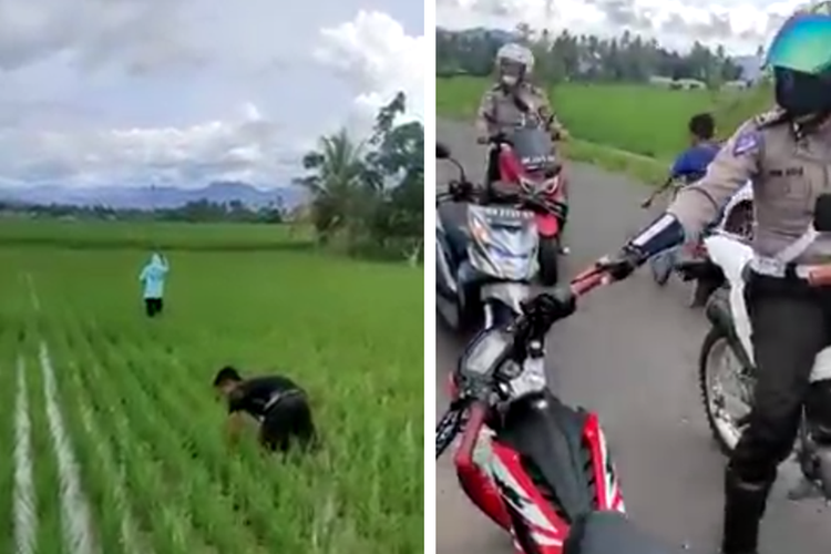 Tangkapan layar video viral yang menampilkan dua pemuda berboncengan mengendarai sepeda motor berpura-pura menggarap sawah saat bertemu polisi lalu lintas (polantas).