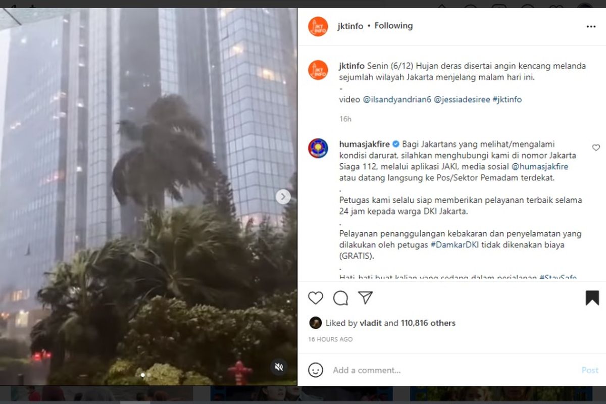 Hujan deras disertai angin kencang melanda Jakarta