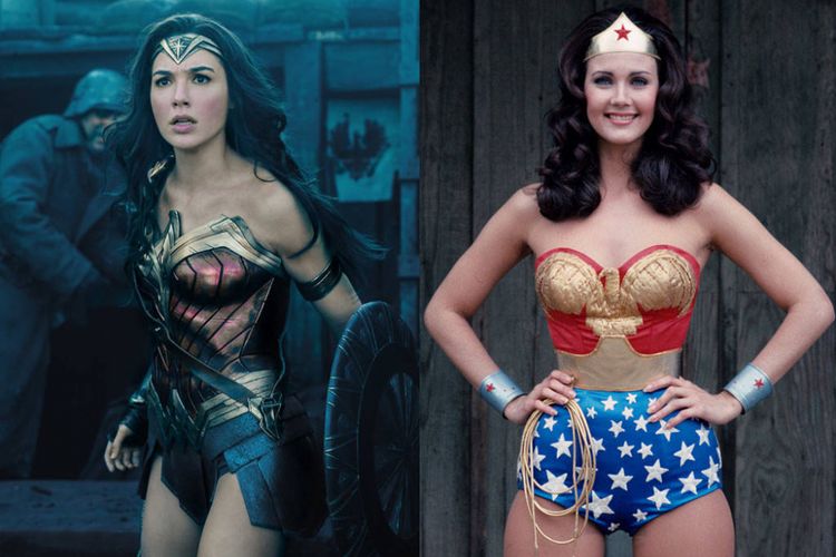 Dua aktris yang memerankan Wonder Woman pada 2017, yakni Gal Gadot dan pemeran tahun 1975, yakni Lynda Carter bertemu dalam pemutaran perdana Wonder Woman di Phantages Theatre, Los Angeles, Jumat (26/5/2017).