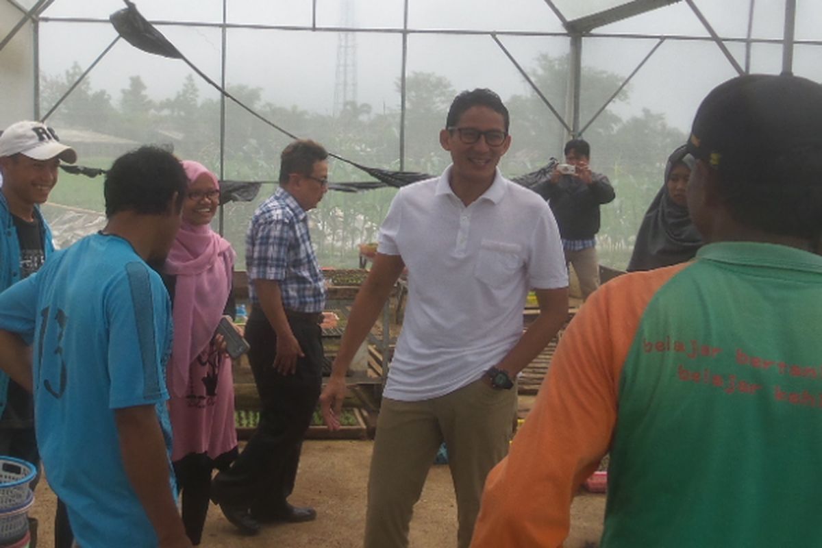 Calon wakil gubernur DKI Jakarta nomor pemilihan tiga Sandiaga Uno saat berkunjung ke The Learning Farm yang berlokasi di Kampung Rawa Benceuh, Desa Kawung Luwuk, Kecamatan Sukaresmi, Cianjur, Jawa Barat pada Kamis (23/3/2017)