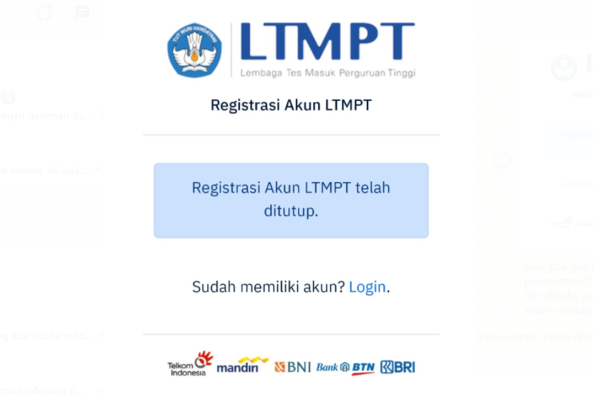 Tangkapan layar laman LTMPT yang menampilkan status Registrasi Akun LTMPT telah ditutup.