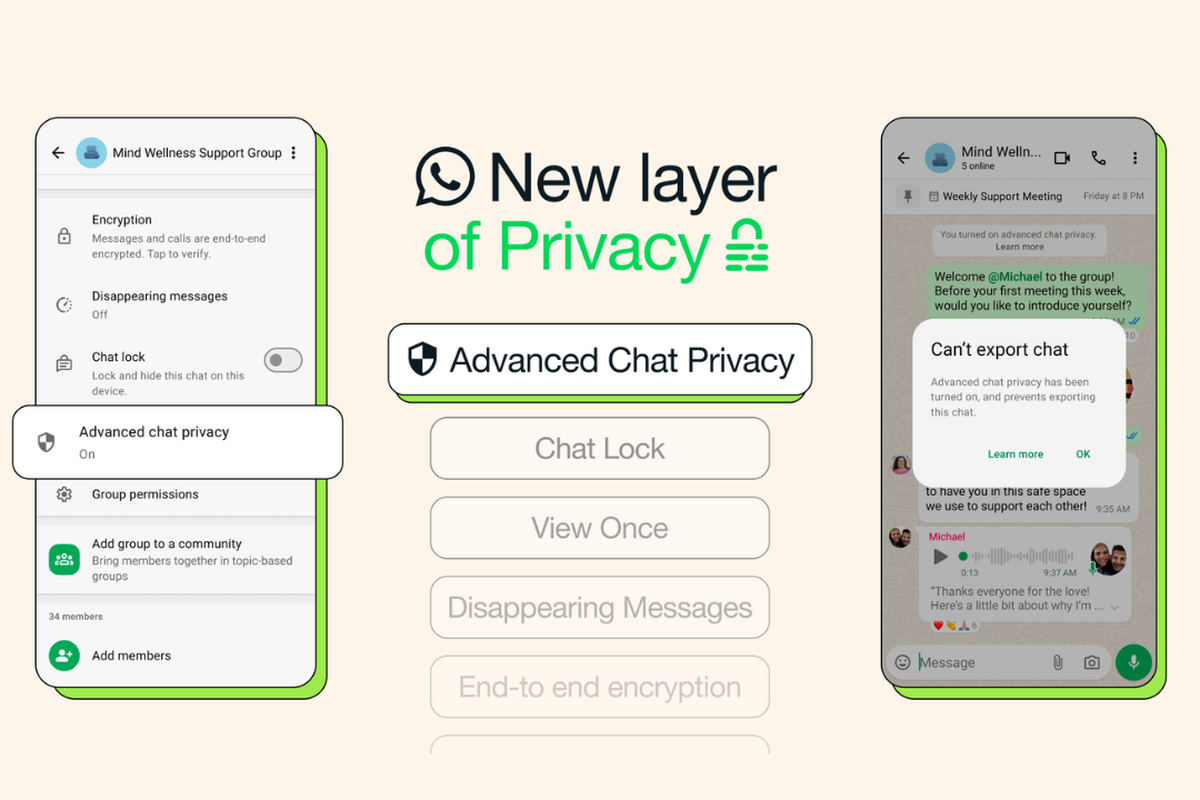Advanced Chat Privacy, fitur baru WhatsApp yang memungkinkan pengguna untuk mencegah media (foto/video) yang mereka kirim tersimpan otomatis di perangkat penerima.