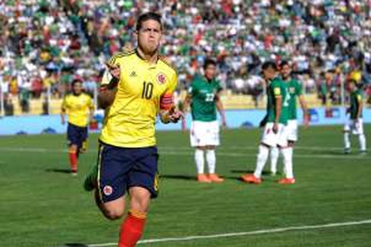Kapten tim nasional Kolombia, James Rodriguez, merayakan gol ke gawang Bolivia pada partai Pra-Piala Dunia di La Paz, 24 Maret 2016.