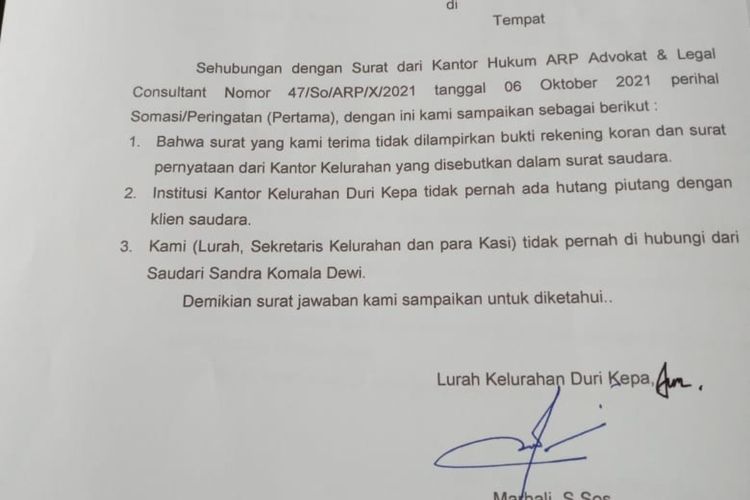Jawaban dari Kelurahan Duri Kepa terhadap somasi yang diajukan oleh SK, warga Cibodas Kota Tangerang. SK mengirim somasi berkait penagihan piutang sebesar Rp 264,5 juta ke Kelurahan Duri Kepa.